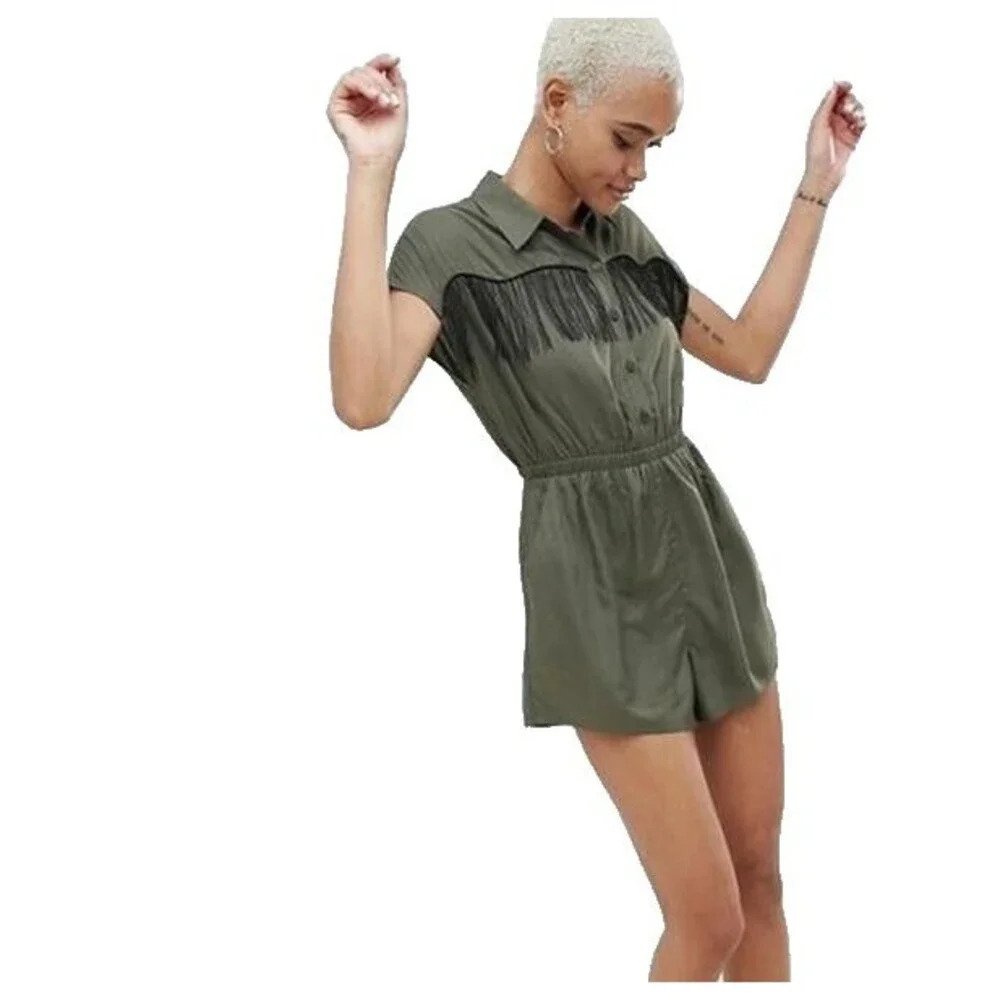 ASOS Olive Green Fringe Romper 8 Women's Western Urban Cowgirl Shorts